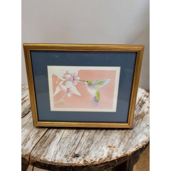 Framed Hummingbird & Flowers Print Artwork Embossed paper In Gold Wooden Frame 1 - Picture 1 of 12